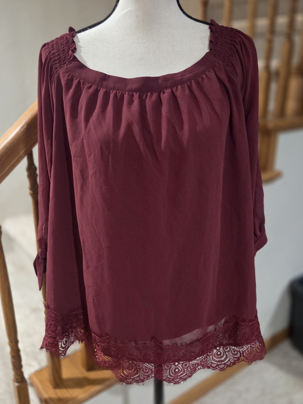 Maurices Burgundy Lace-Hem Peasant Blouse